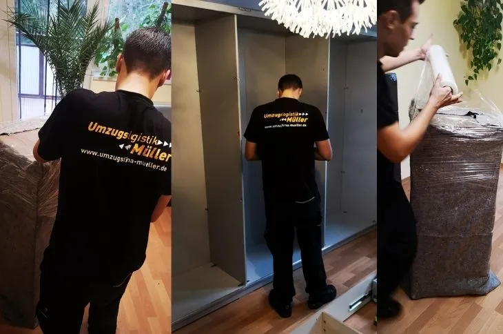 umzugshelfer demontiert und verpackt schrank im wohnraum